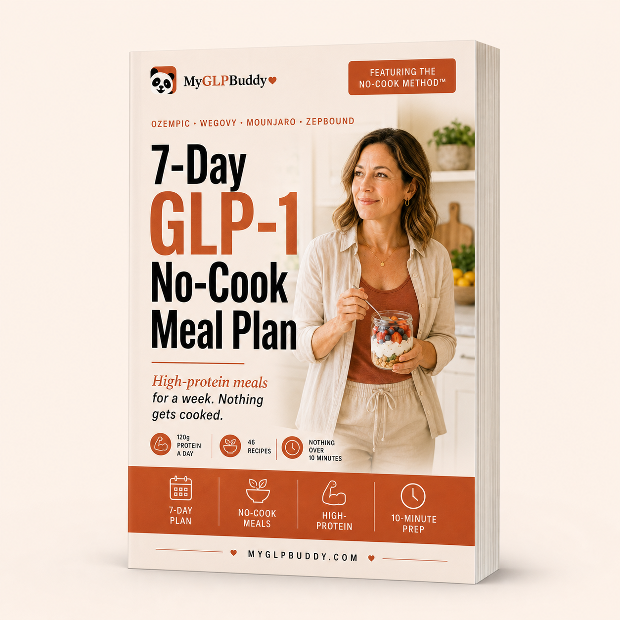 3D mockup of the 7-Day GLP-1 No-Cook Meal Plan book