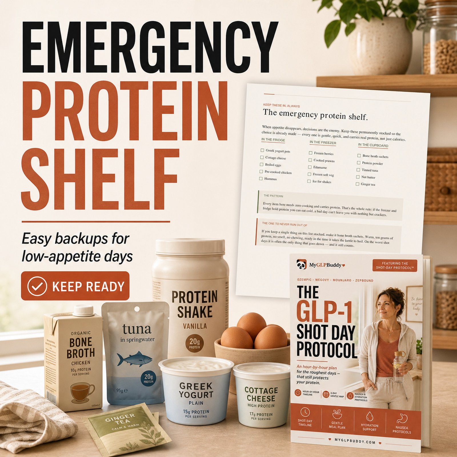 Emergency protein shelf for GLP-1 shot day